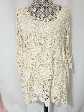 Women’s Plus Sz 3X Crochet Lace Tunic Lined Cotton Beige Bohemian Bell Sleeves